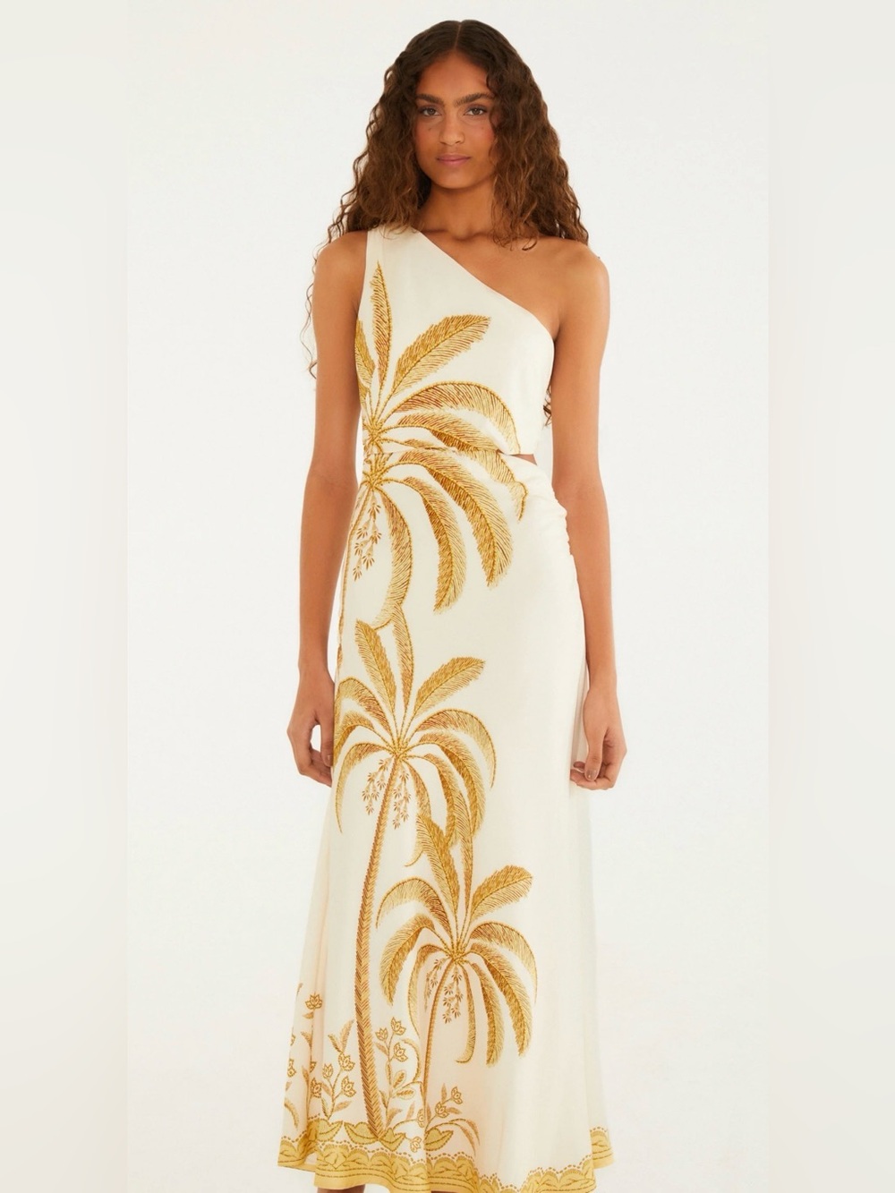FARM Rio One-Shoulder Cream Dress with Gold Palm Trees